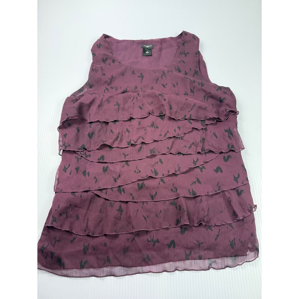 Ann Taylor Ruffle‎ Sleeveless Top Blouse Layered Plum Black Print Size 12